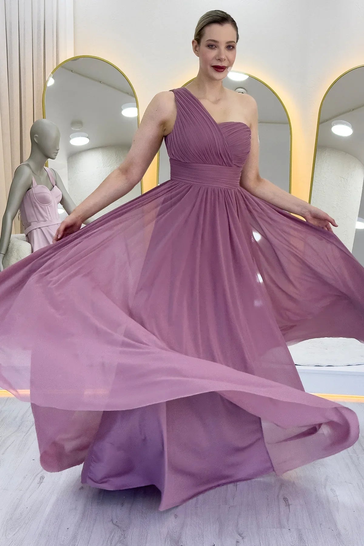 Gül Kurusu Tek Omuz Piliseli Kloş Abiye Elbise