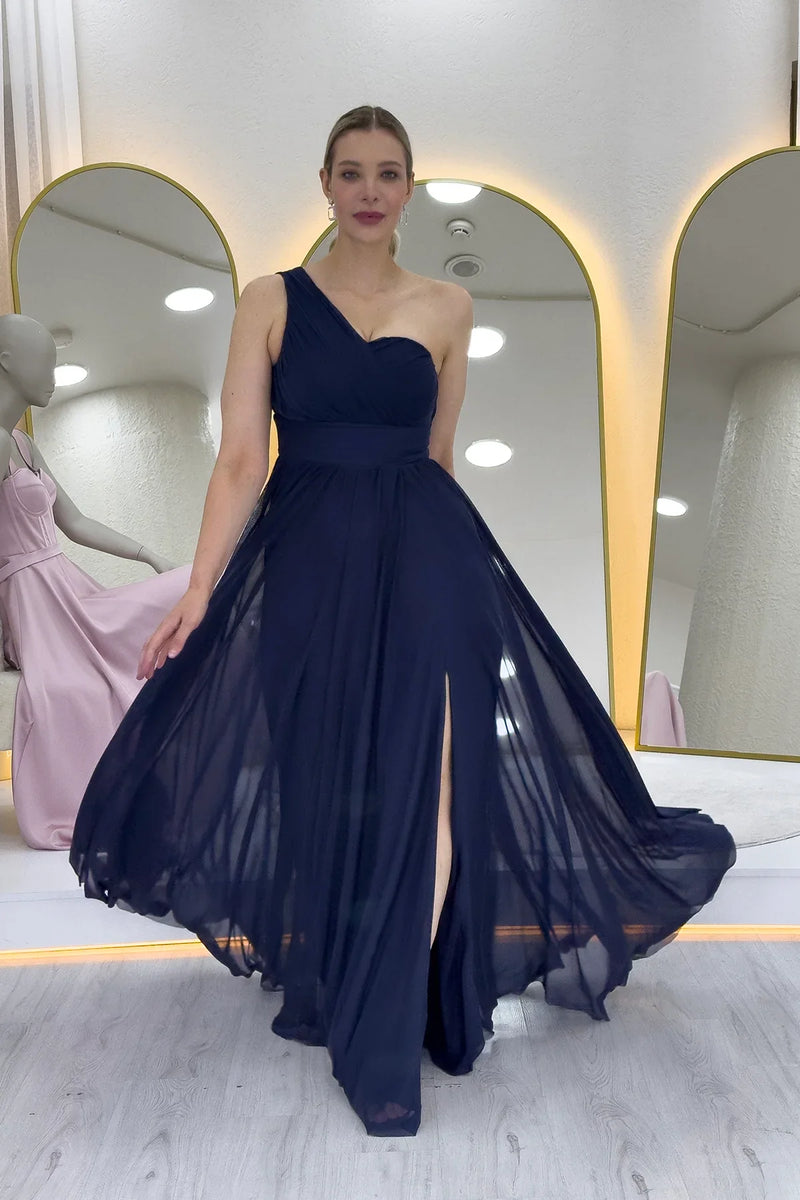 Lacivert Tek Omuz Piliseli Kloş Abiye Elbise