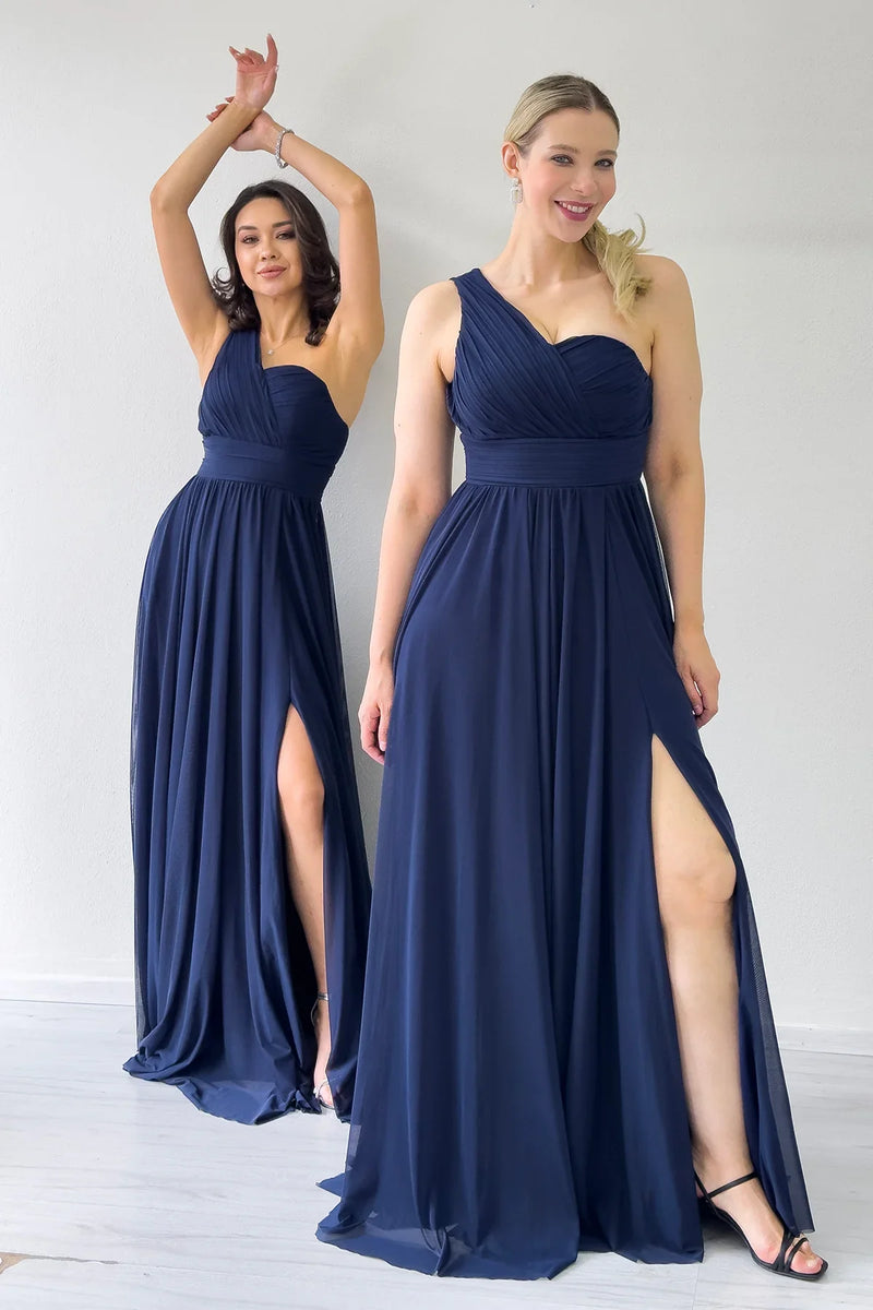 Lacivert Tek Omuz Piliseli Kloş Abiye Elbise