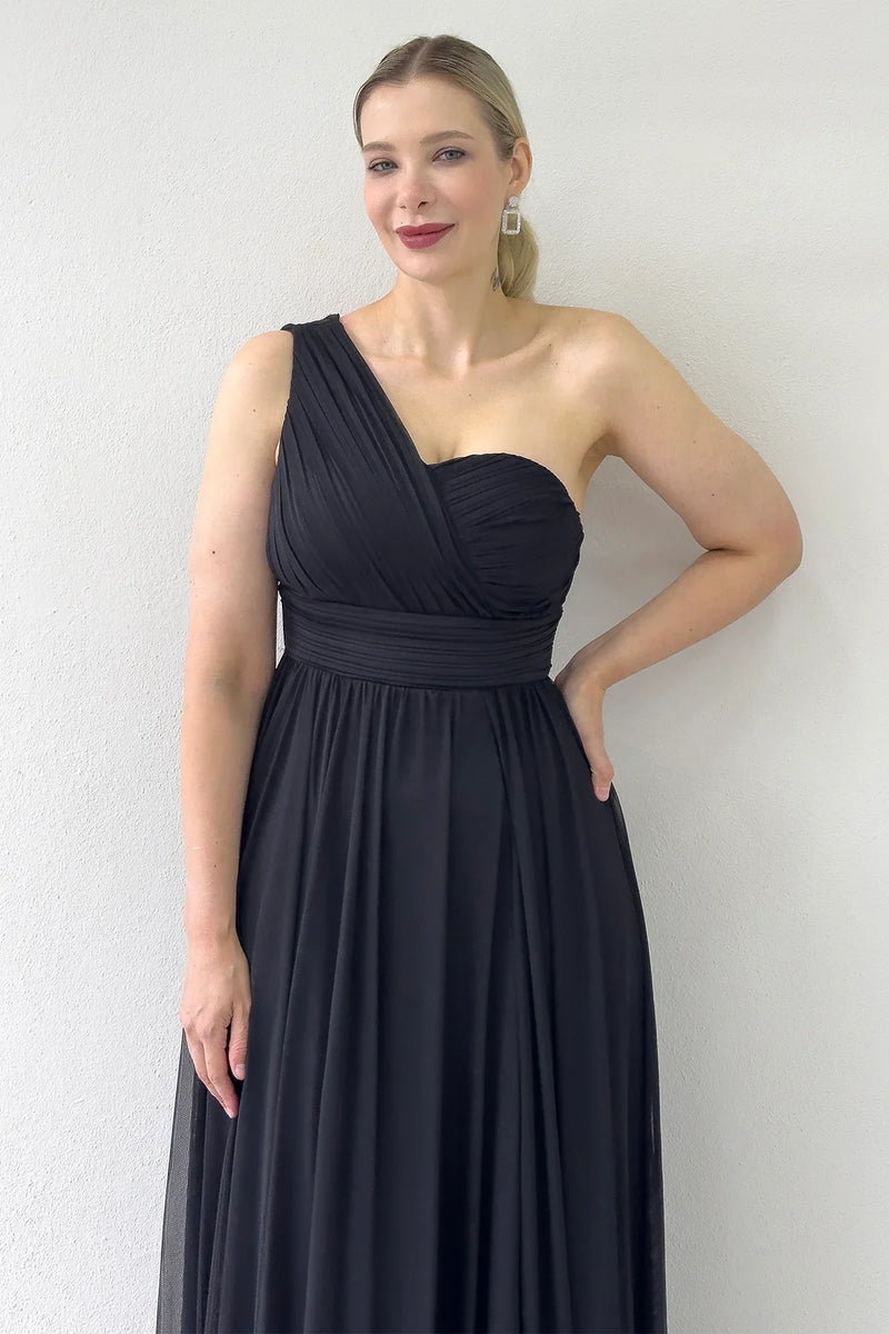 Siyah Tek Omuz Piliseli Kloş Abiye Elbise