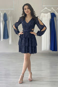 Lacivert Pul Payet Sırt Dekolteli Mini After Abiye Elbise