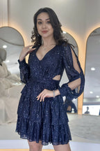 Lacivert Pul Payet Sırt Dekolteli Mini After Abiye Elbise