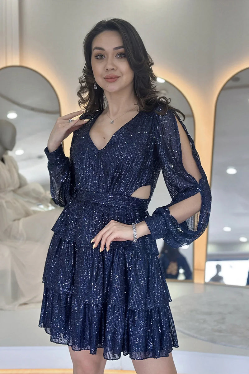 Lacivert Pul Payet Sırt Dekolteli Mini After Abiye Elbise