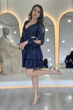 Lacivert Pul Payet Sırt Dekolteli Mini After Abiye Elbise