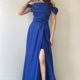 Saks Mavisi Taş Askılı Düşük Omuz Saten Yırtmaçlı Abiye Elbise