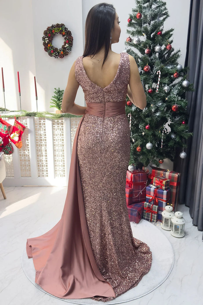 Pudra Pul Payet Kuyruklu Bel Saten Drapeli Büyük Beden Abiye Elbise