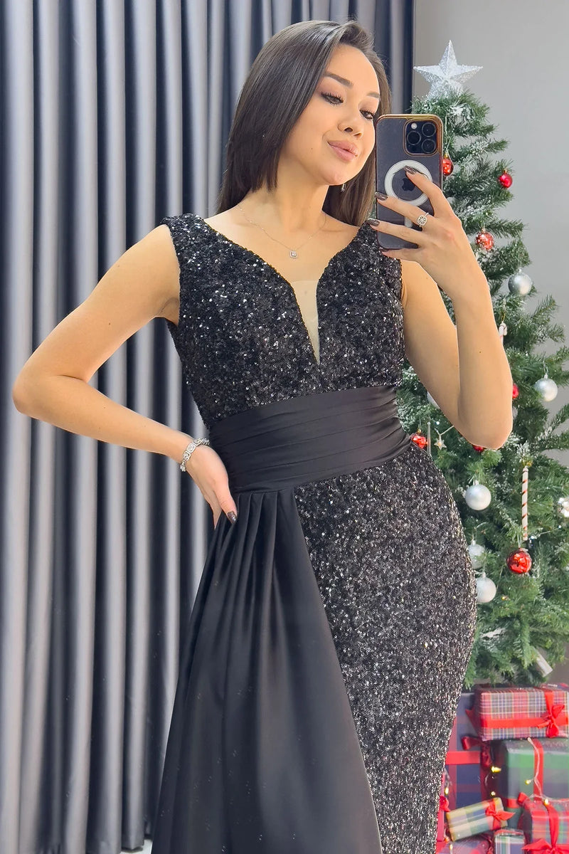 Siyah Pul Payet Kuyruklu Bel Saten Drapeli  Büyük Beden Abiye Elbise