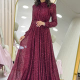 Bordo Pul Payet Büzgü Detay Maxi Abiye Elbise