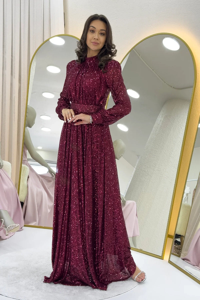 Bordo Pul Payet Büzgü Detay Maxi Abiye Elbise
