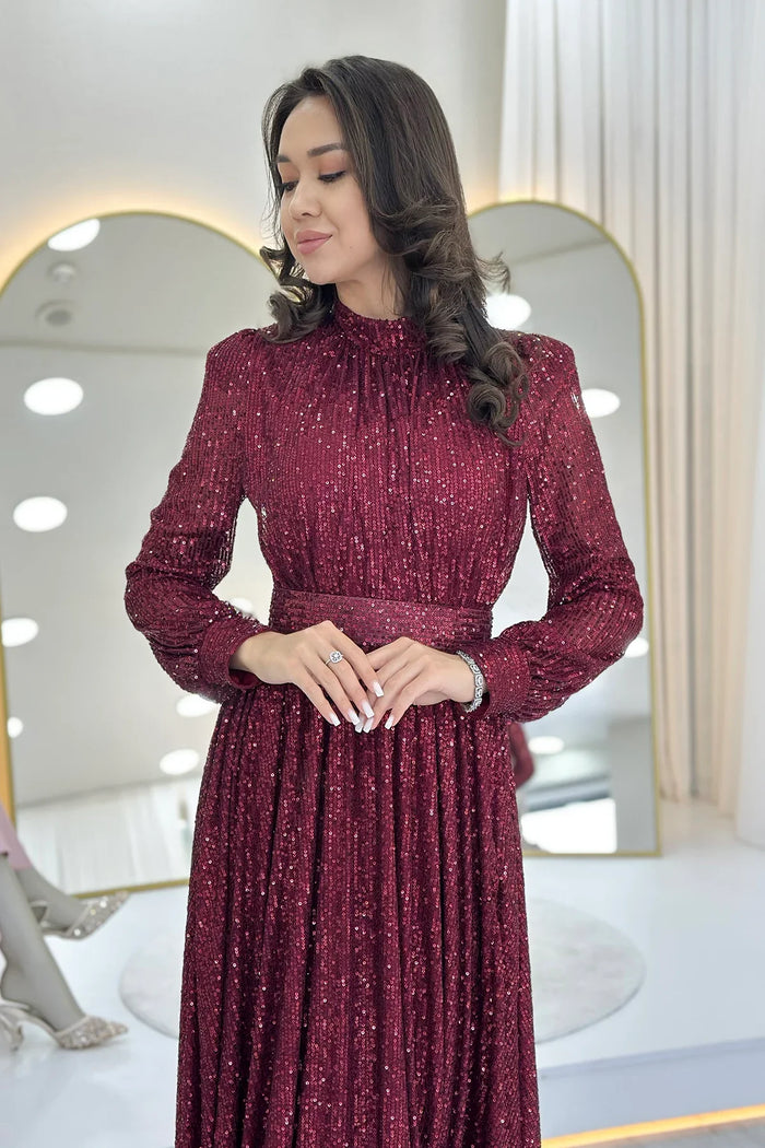 Bordo Pul Payet Büzgü Detay Maxi Abiye Elbise