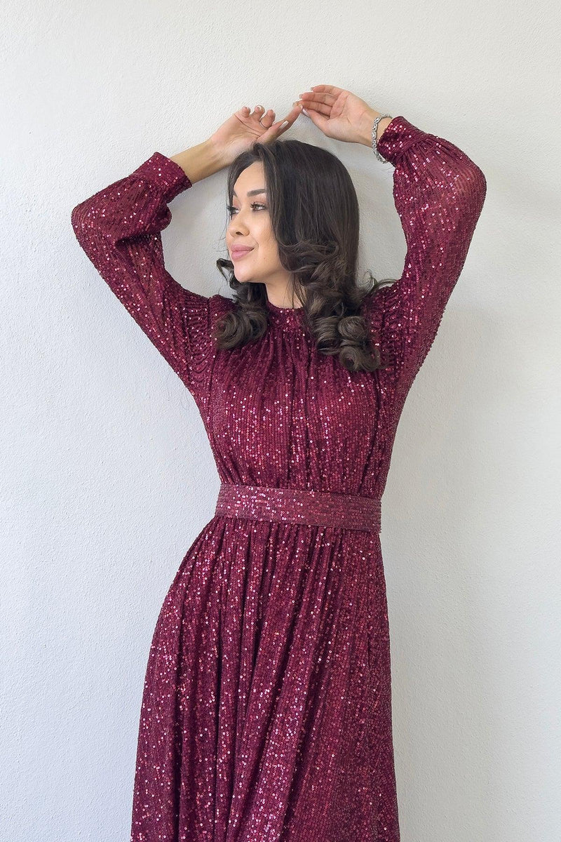 Bordo Pul Payet Büzgü Detay Maxi Abiye Elbise