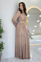 Krem Pul Payet Büzgü Detay Maxi Abiye Elbise