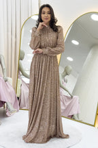 Krem Pul Payet Büzgü Detay Maxi Abiye Elbise