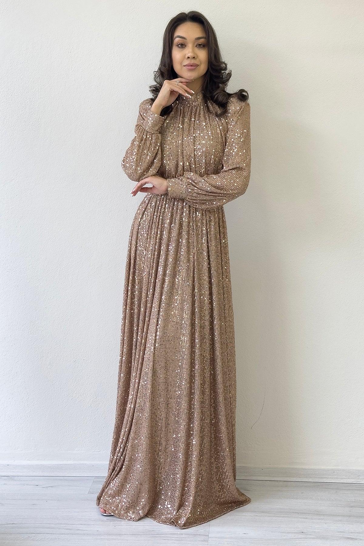 Krem Pul Payet Büzgü Detay Maxi Abiye Elbise