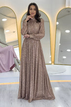 Krem Pul Payet Büzgü Detay Maxi Abiye Elbise