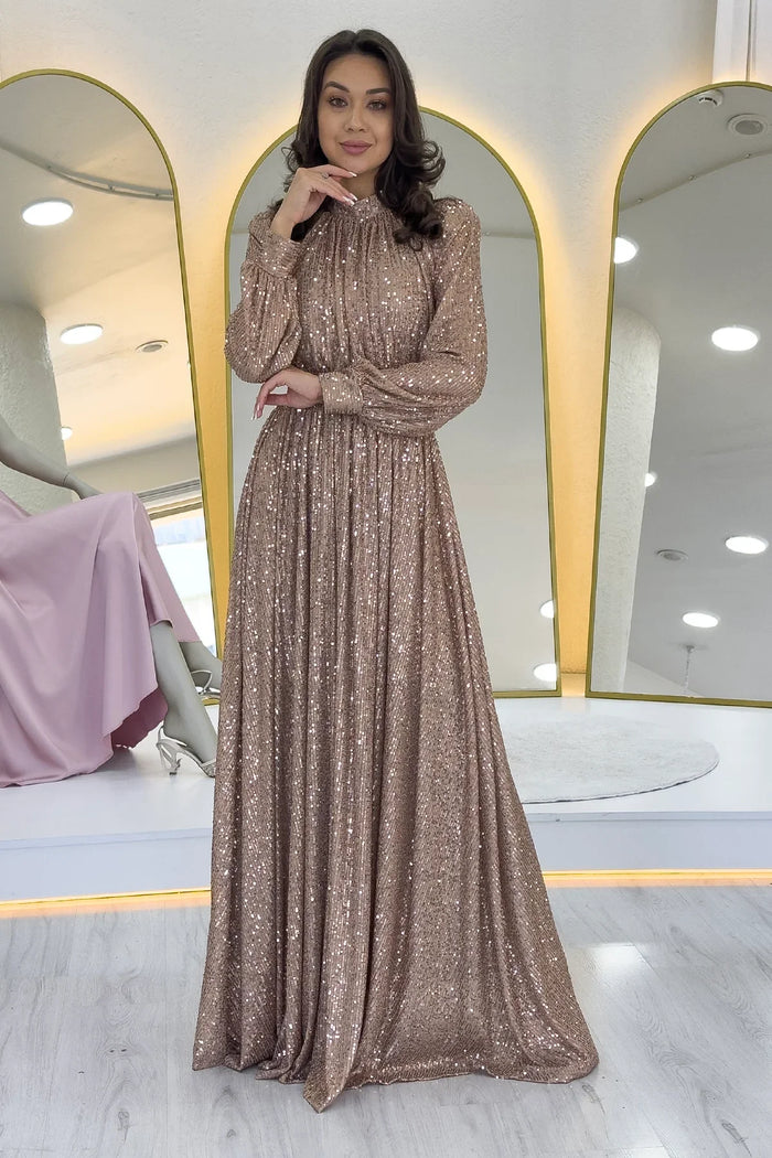 Krem Pul Payet Büzgü Detay Maxi Abiye Elbise