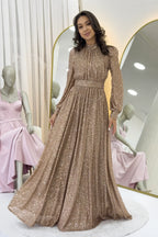 Krem Pul Payet Büzgü Detay Maxi Abiye Elbise