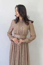 Krem Pul Payet Büzgü Detay Maxi Abiye Elbise