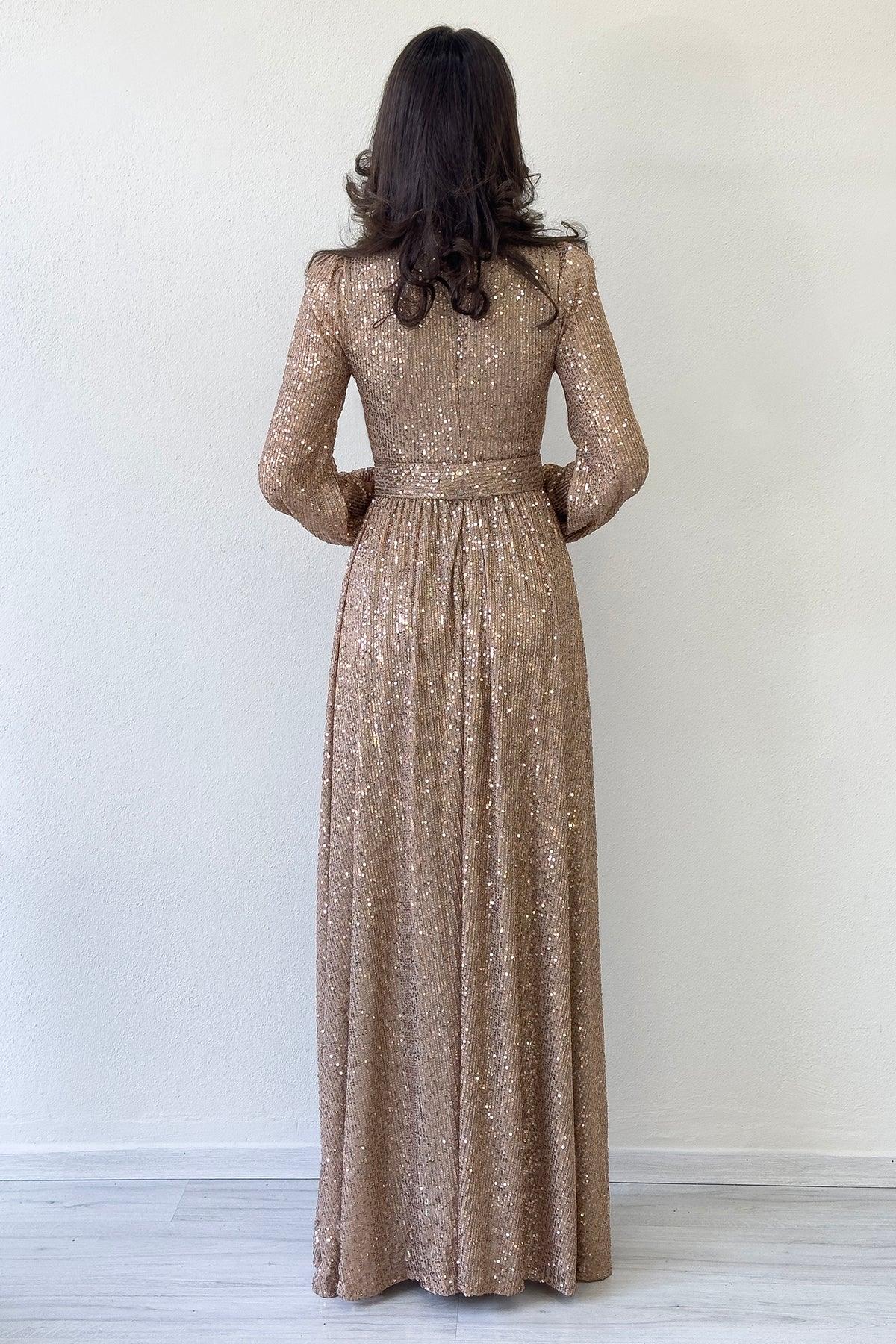 Krem Pul Payet Büzgü Detay Maxi Abiye Elbise