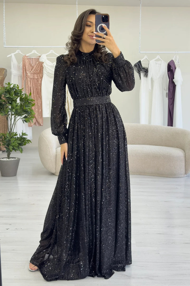 Siyah Pul Payet Büzgü Detay Maxi Abiye Elbise