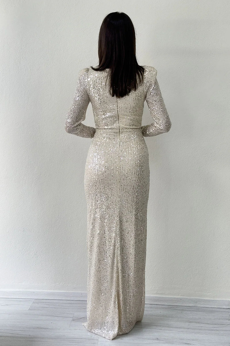 Bej Kruvaze Yaka Pul Payet Uzun  Büyük Beden Abiye Elbise