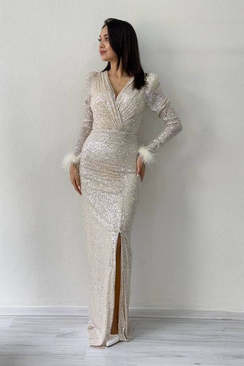 Bej Kruvaze Yaka Pul Payet Uzun  Büyük Beden Abiye Elbise