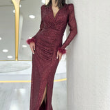 Bordo Kruvaze Yaka Pul Payet Uzun  Büyük Beden Abiye Elbise