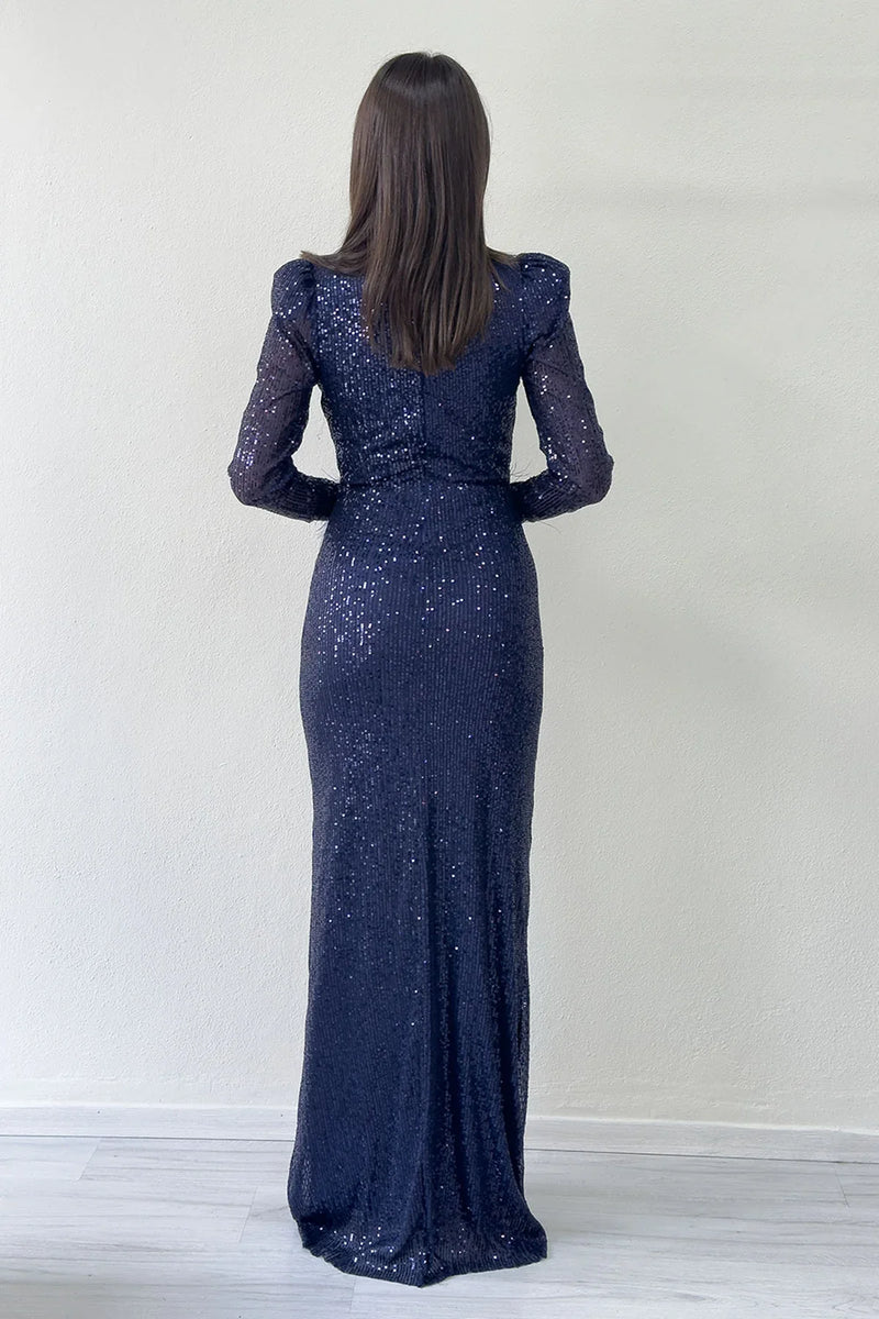 Lacivert Kruvaze Yaka Pul Payet Uzun  Büyük Beden Abiye Elbise