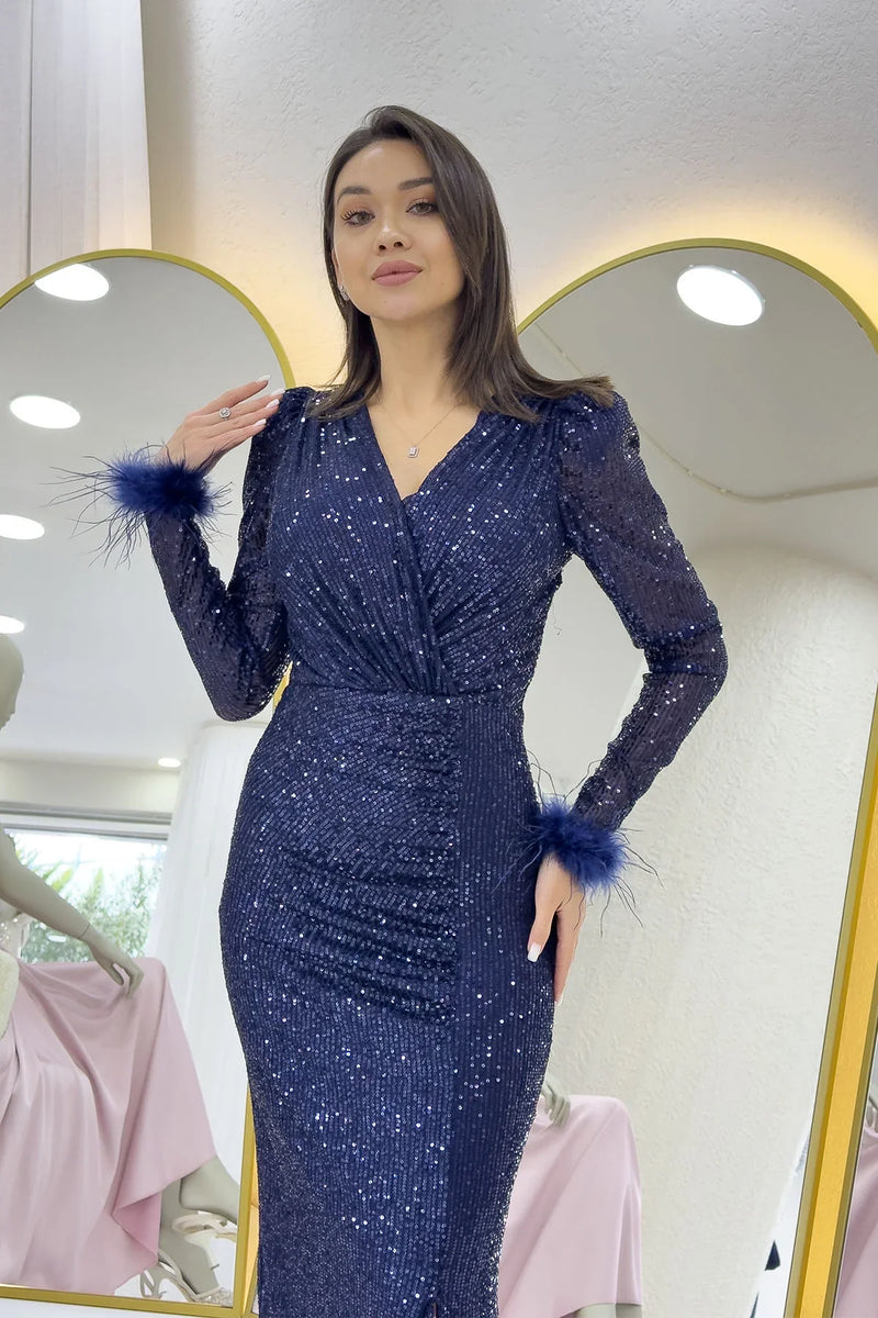 Lacivert Kruvaze Yaka Pul Payet Uzun  Büyük Beden Abiye Elbise