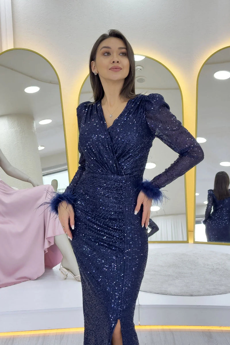 Lacivert Kruvaze Yaka Pul Payet Uzun  Büyük Beden Abiye Elbise