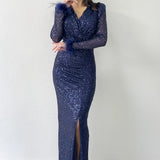 Lacivert Kruvaze Yaka Pul Payet Uzun  Büyük Beden Abiye Elbise