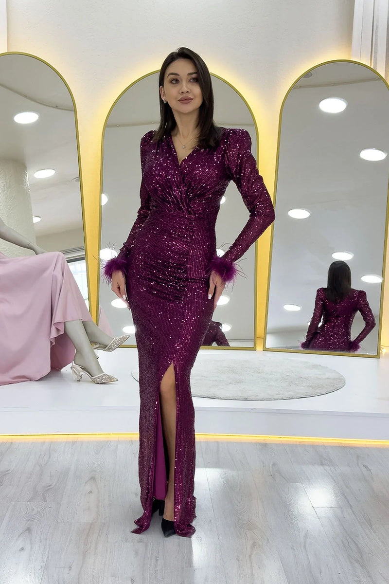 Mor Kruvaze Yaka Pul Payet Uzun  Büyük Beden Abiye Elbise