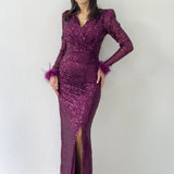 Mor Kruvaze Yaka Pul Payet Uzun  Büyük Beden Abiye Elbise