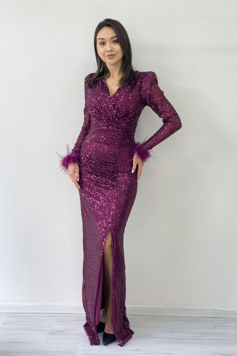Mor Kruvaze Yaka Pul Payet Uzun  Büyük Beden Abiye Elbise