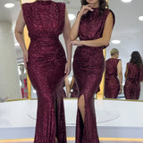 Kadın Bordo Dik Yaka Kuşak Detay Yırtmaçlı Pul Payet Abiye Elbise