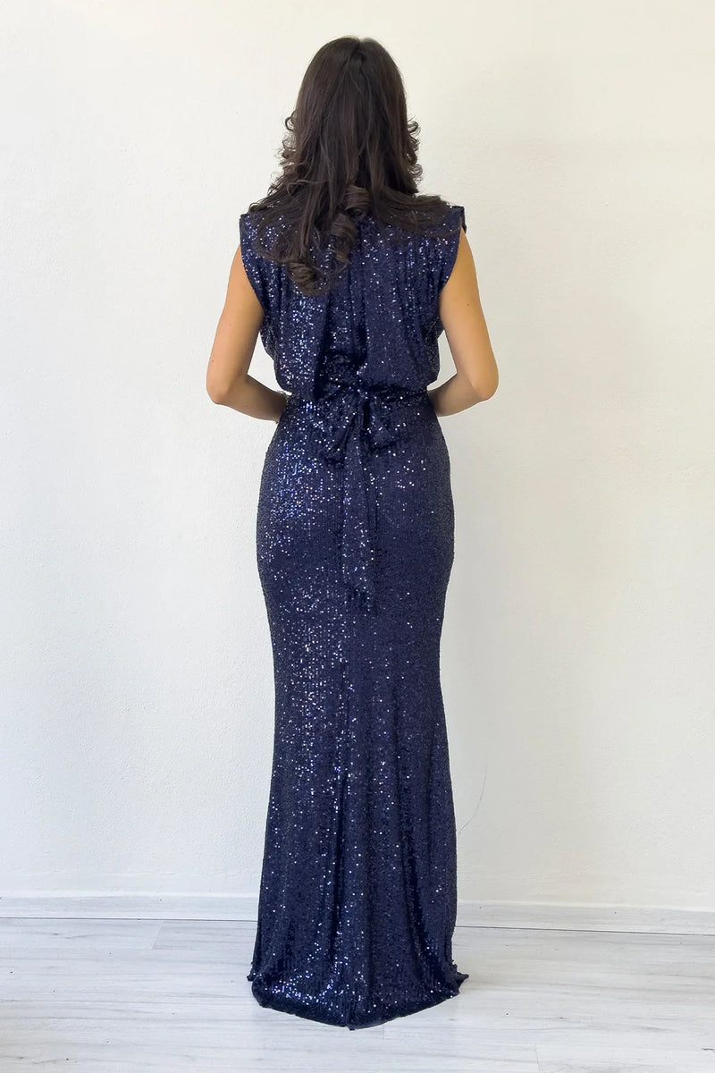 Kadın Lacivert Dik Yaka Kuşak Detay Yırtmaçlı Pul Payet Abiye Elbise