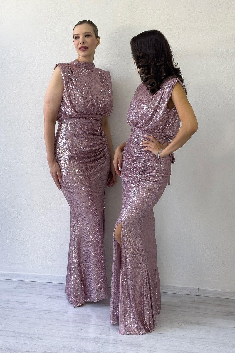 Kadın Pudra Dik Yaka Kuşak Detay Yırtmaçlı Pul Payet Abiye Elbise