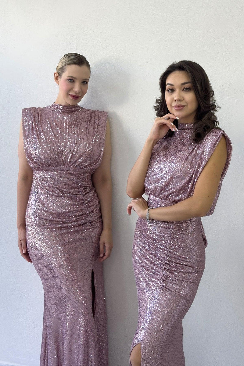 Kadın Pudra Dik Yaka Kuşak Detay Yırtmaçlı Pul Payet Abiye Elbise