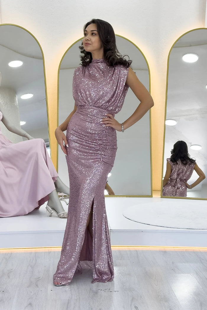 Kadın Pudra Dik Yaka Kuşak Detay Yırtmaçlı Pul Payet Abiye Elbise