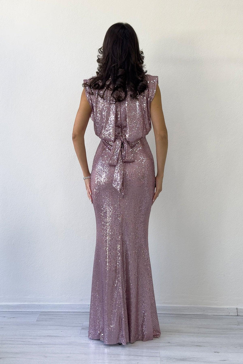 Kadın Pudra Dik Yaka Kuşak Detay Yırtmaçlı Pul Payet Abiye Elbise