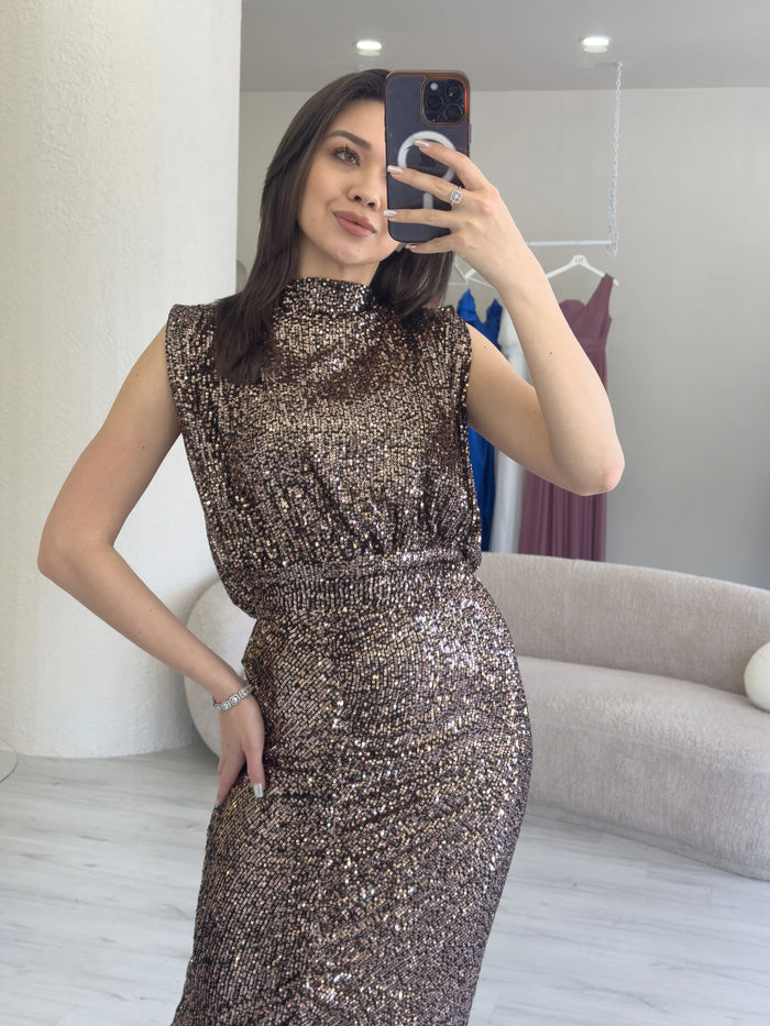 Kadın Vizon Dik Yaka Kuşak Detay Yırtmaçlı Pul Payet Abiye Elbise