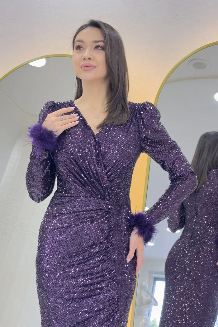 Mürdüm Kruvaze Yaka Otriş Detay Pul Payet Yırtmaçlı Balık Abiye Elbise