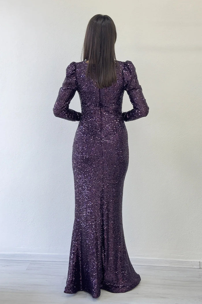 Mürdüm Kruvaze Yaka Otriş Detay Pul Payet Yırtmaçlı Balık Abiye Elbise