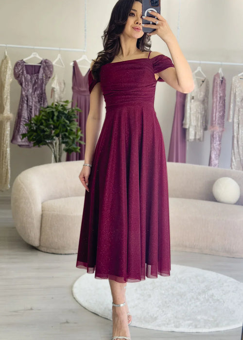 Kadın Bordo Midi Boy Kloş Askılı Düşük Omuz Abiye Elbise