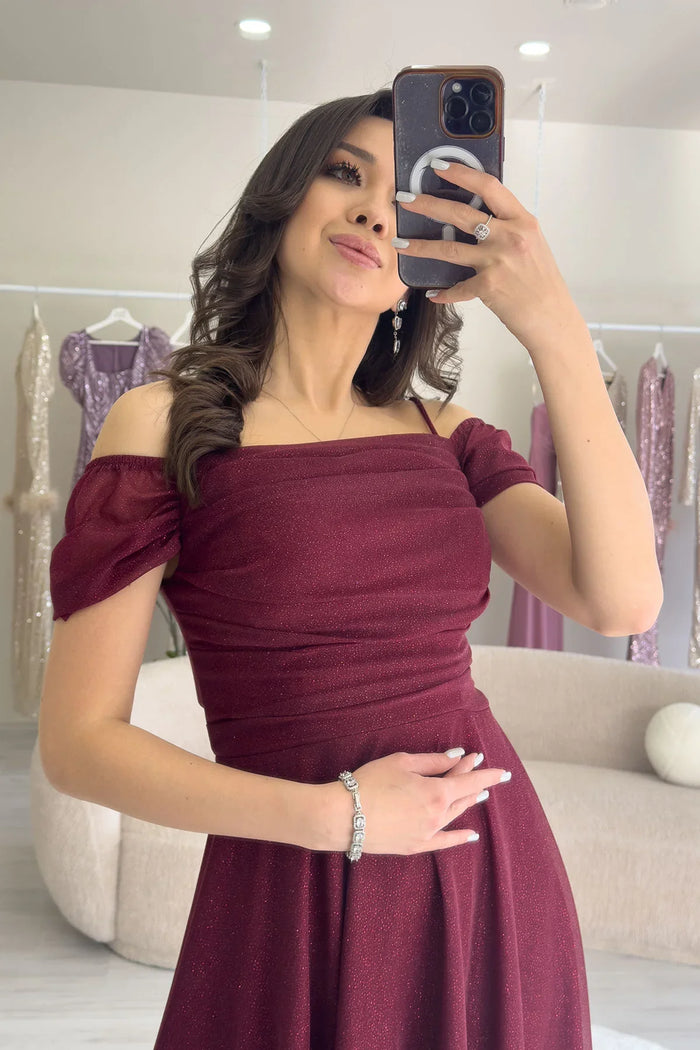 Kadın Bordo Midi Boy Kloş Askılı Düşük Omuz Abiye Elbise