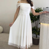 Kadın Beyaz Midi Boy Kloş Askılı Düşük Omuz Abiye Elbise