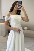 Kadın Beyaz Midi Boy Kloş Askılı Düşük Omuz Abiye Elbise