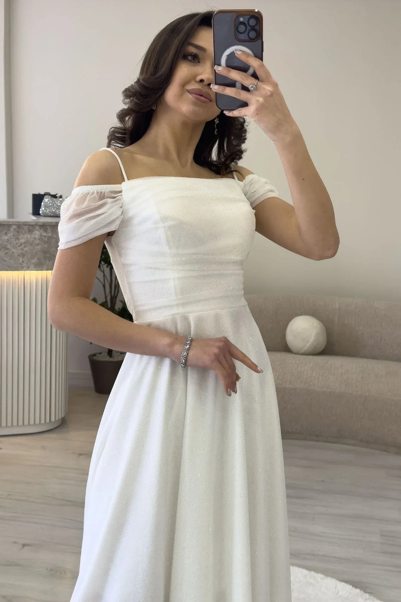 Kadın Beyaz Midi Boy Kloş Askılı Düşük Omuz Abiye Elbise