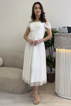 Kadın Beyaz Midi Boy Kloş Askılı Düşük Omuz Abiye Elbise