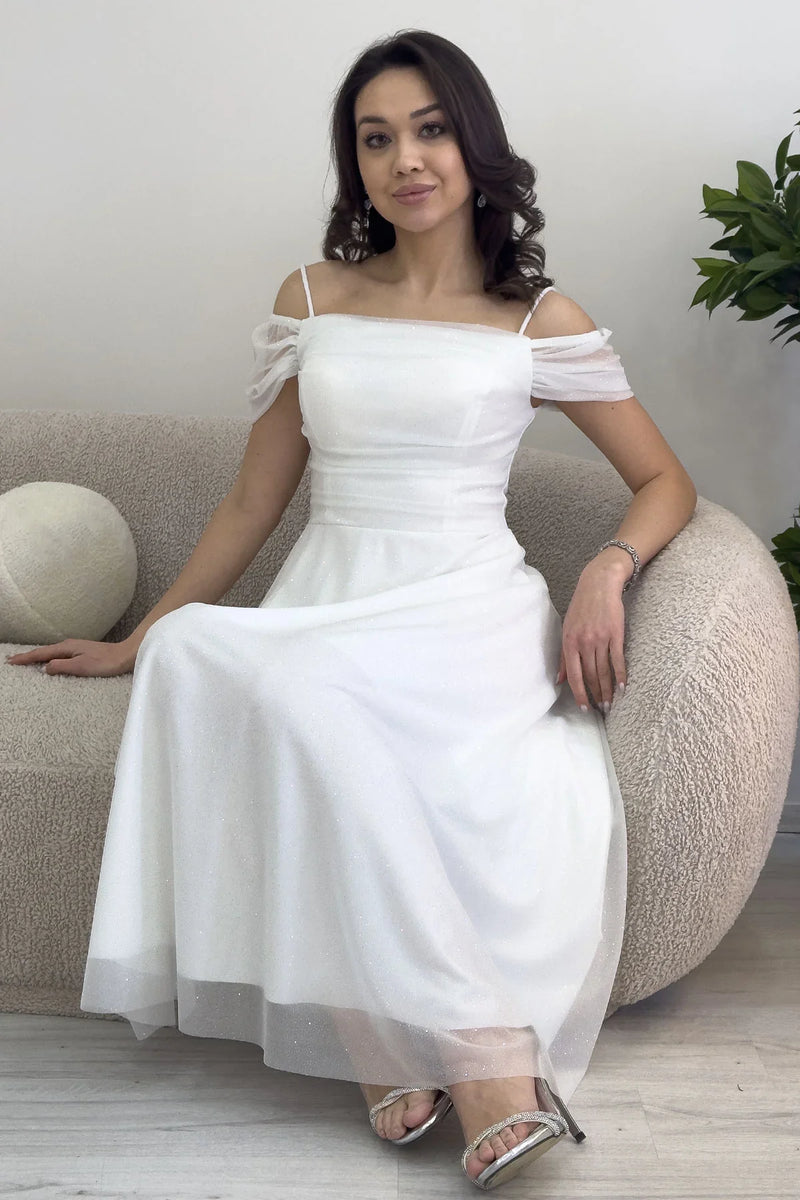 Kadın Beyaz Midi Boy Kloş Askılı Düşük Omuz Abiye Elbise